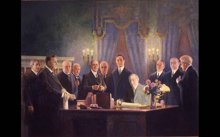 President Wilson signing the Federal Reserve Act  1923 painting by Wilburg G. Kurtz; photo courtesy of Woodrow Wilson Presidential Library